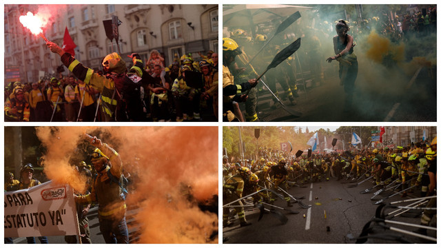 İtfaiyeciler, İspanya'da kazma küreklerle Meclis'e yürüdü